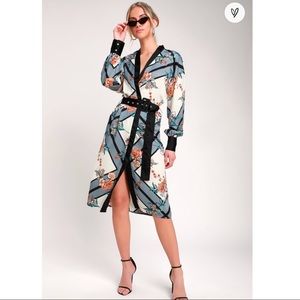 Dusty Blue Floral Print Satin Midi Robe Dress